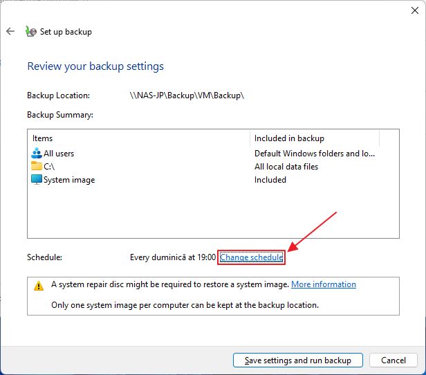 windows backup review settings