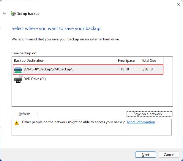 windows backup save on destination