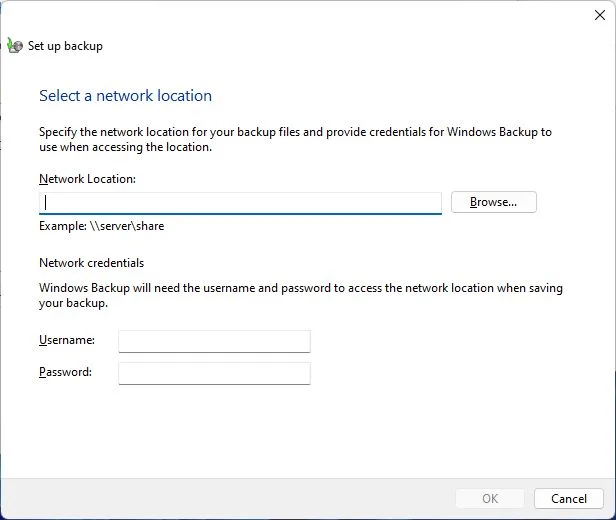 windows backup select a network location