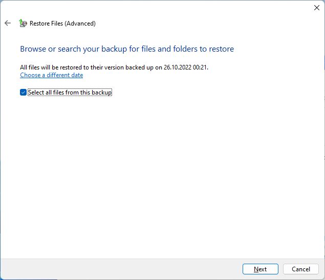 windows backup select all files from backup