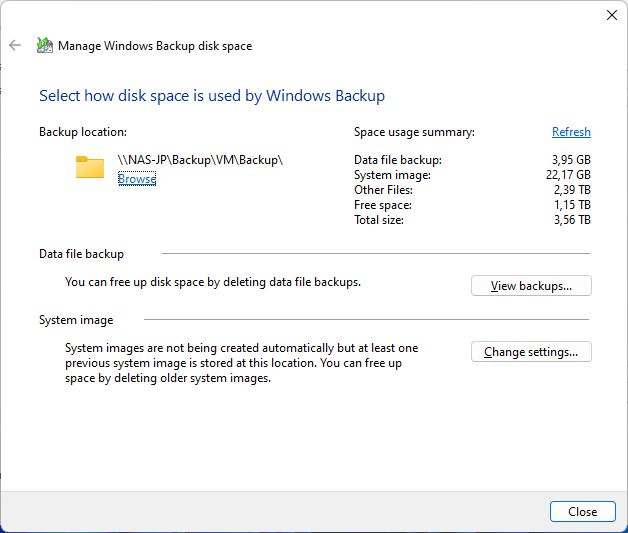 windows backup system image change settings