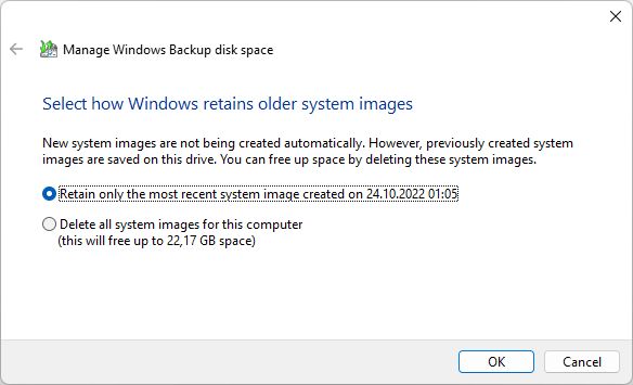 windows backup system image retain most recent delete all