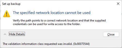 windows backup the specified location cannot be used