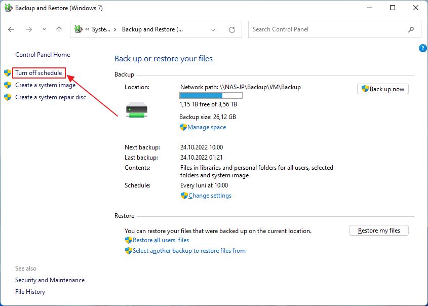 windows backup turn off schedule