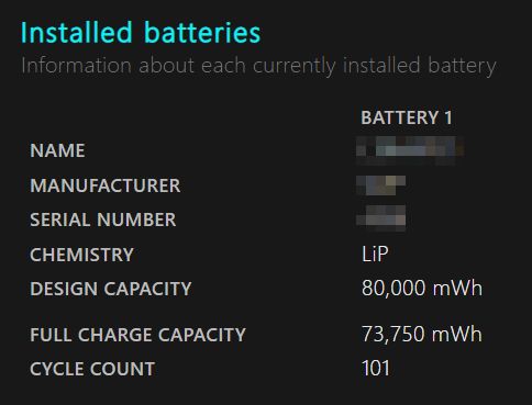 rapport de batterie windows compte des cycles