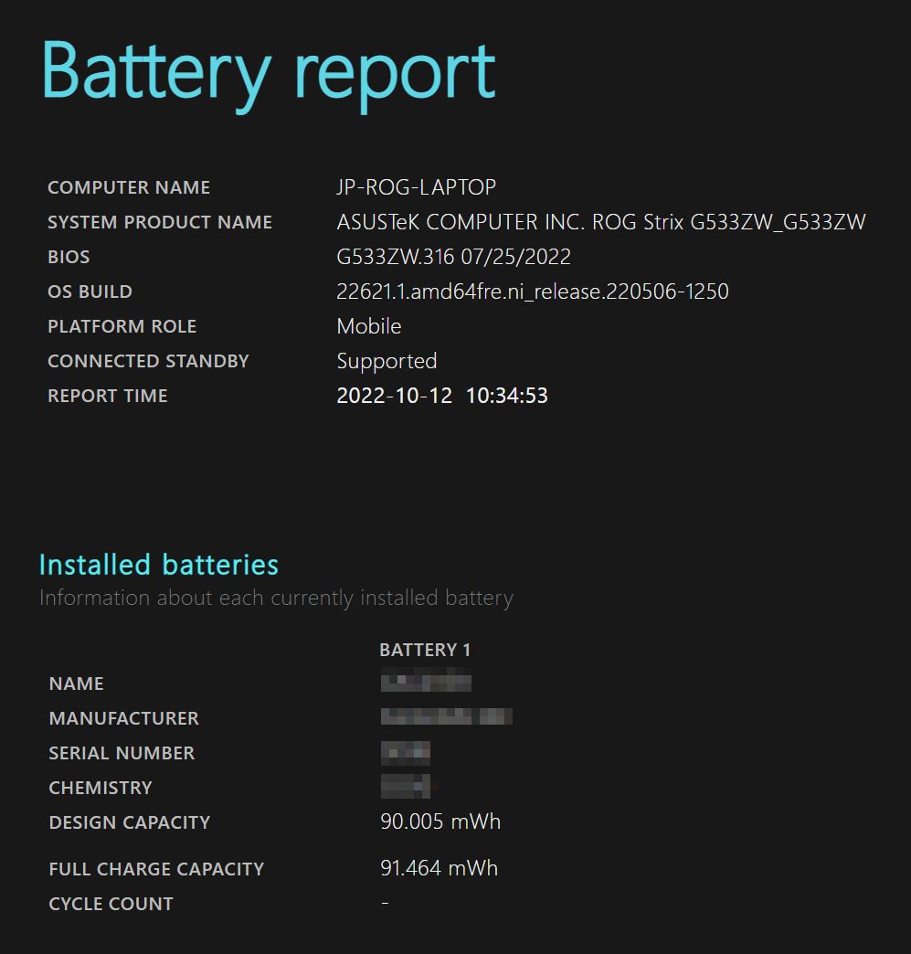 rapporto sulla batteria di windows generale