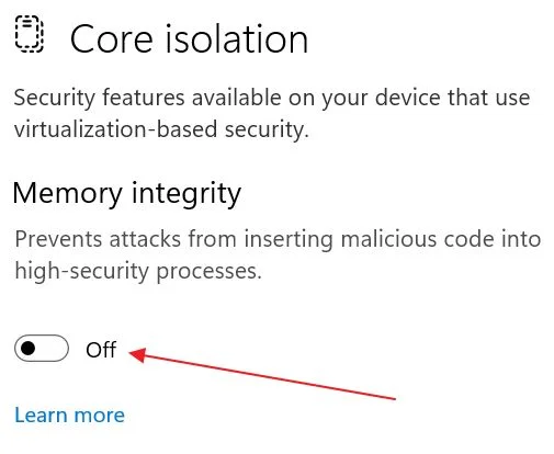 windows core isolation toggle