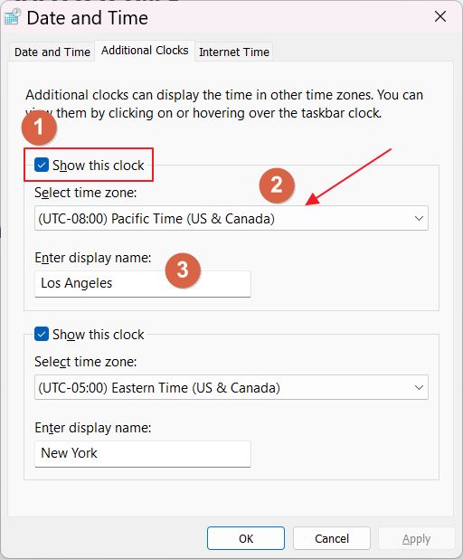 windows date and time select additional system tray clocks