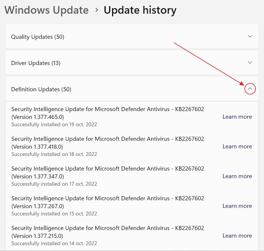 Historique des mises à jour des définitions de Windows
