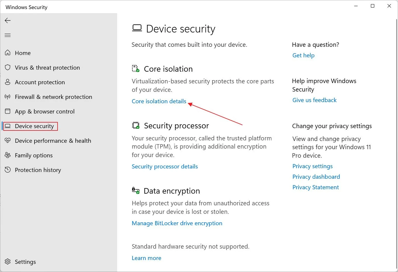 windows device security core isolation