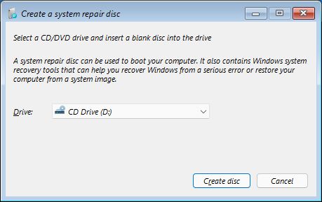 windows recovery create repair disc