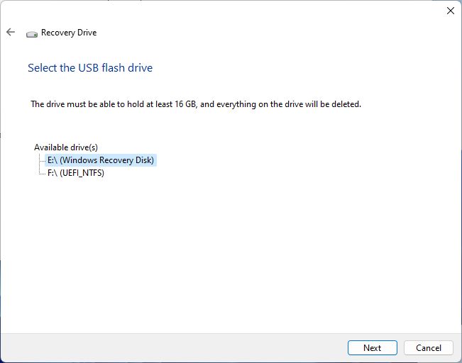 windows recovery drive select usb flash drive