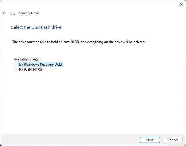 windows recovery drive select usb flash drive