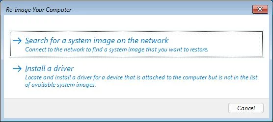 windows recovery search for a system image on the network
