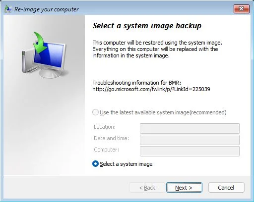 récupération windows sélectionne une image système