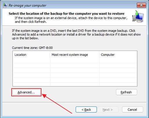 recuperação do windows selecionar localização avançada