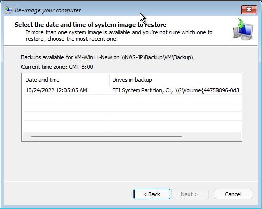 windows restore sélectionne l'image à restaurer