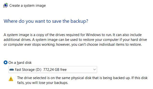 windows save system image same drive warning