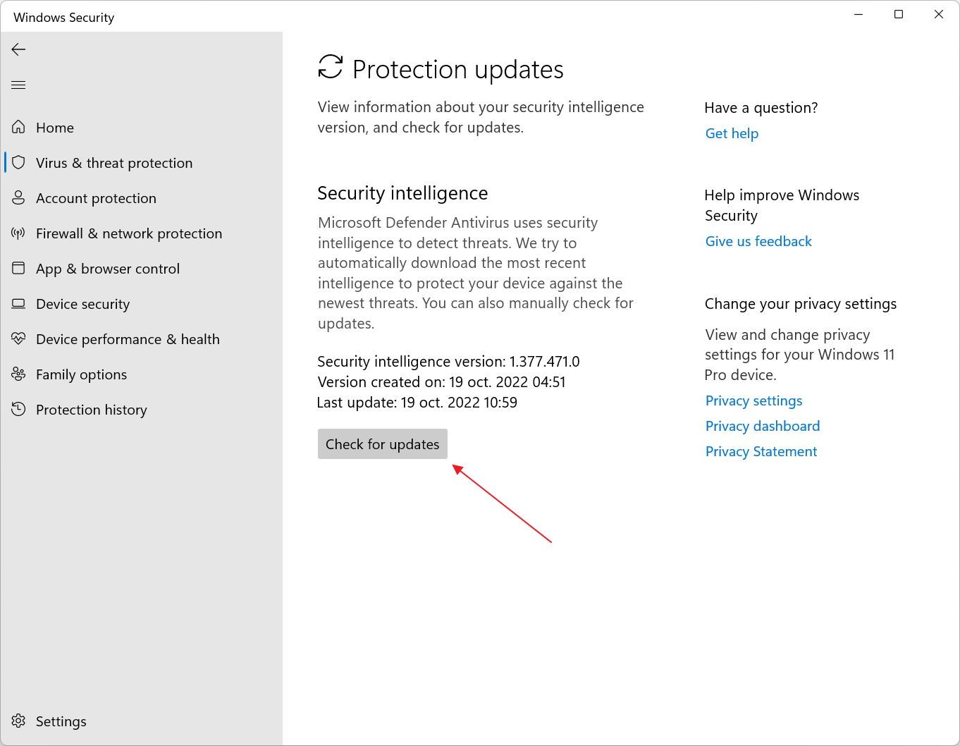 windows security protection updates check for updates