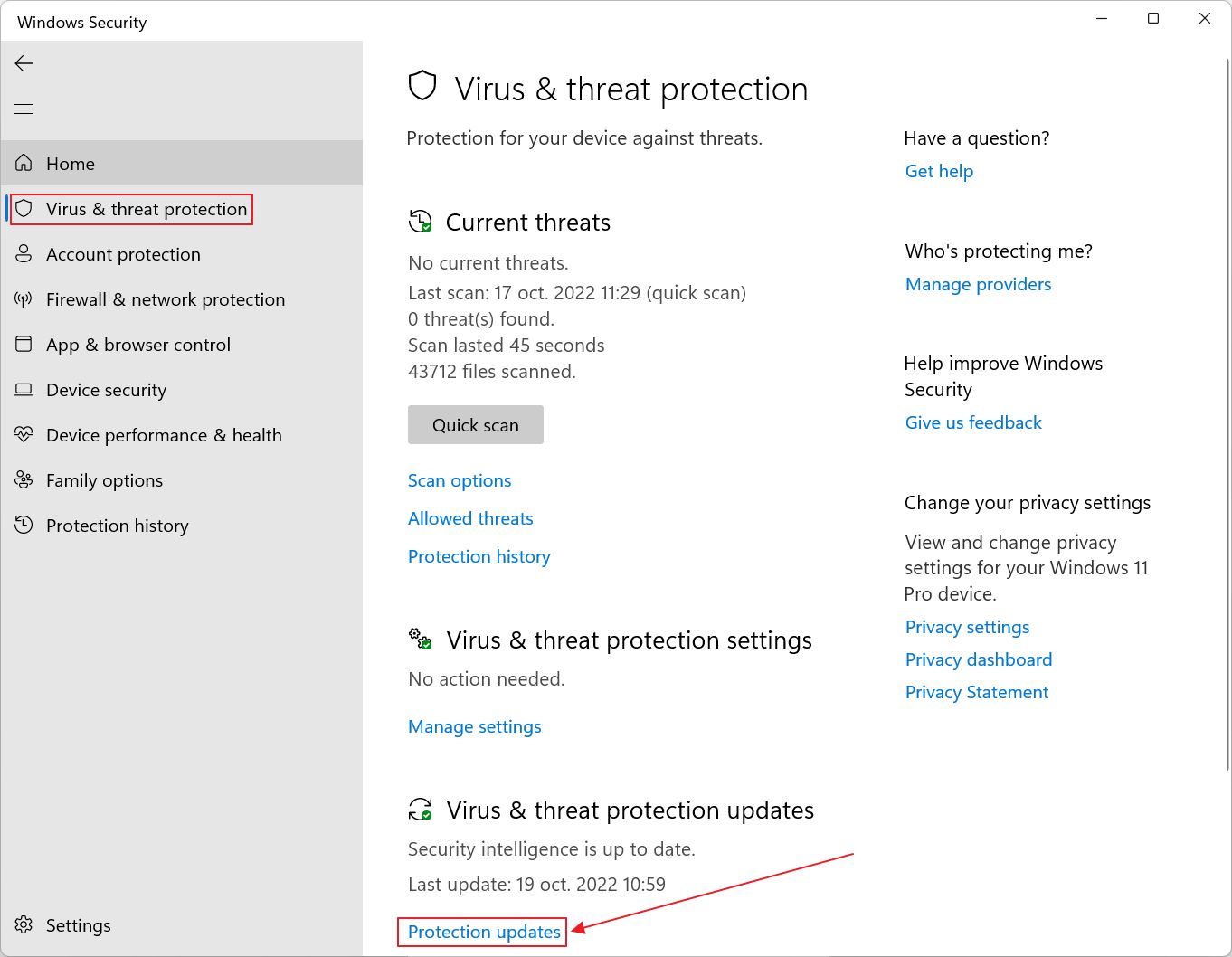 actualizaciones de la protección contra virus y amenazas de windows security