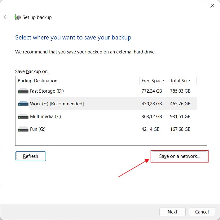 windows set up backup save to a network