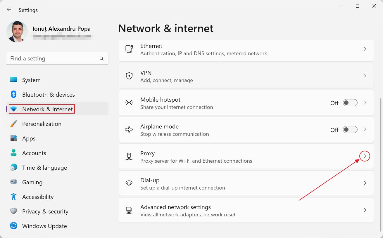 aplicação de definições do windows proxy de internet netwok