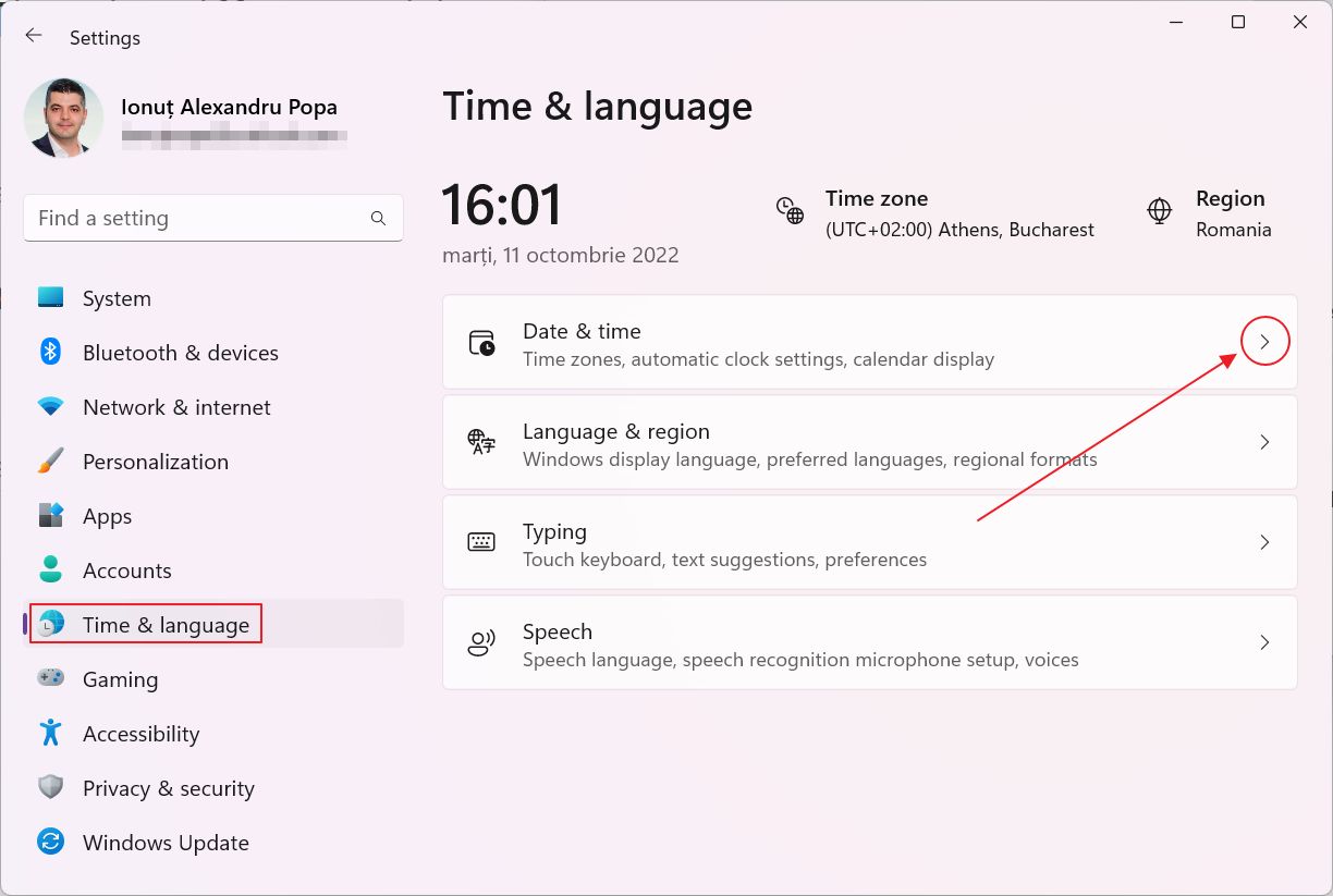 windows settings time and language