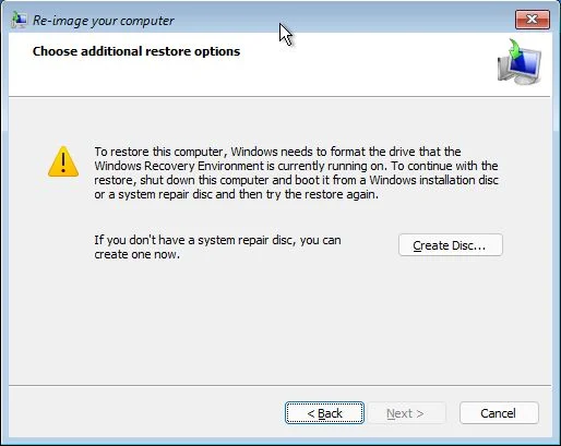 windows system image recovery will format drive warning