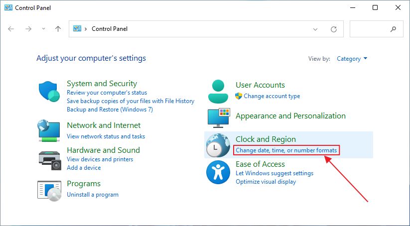 control panel change date time number formats