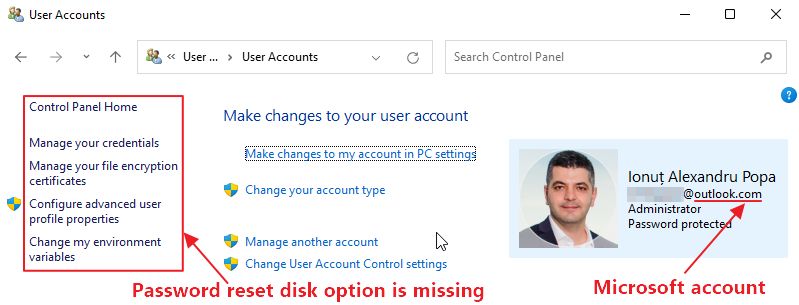 control panel password reset disk option is missing
