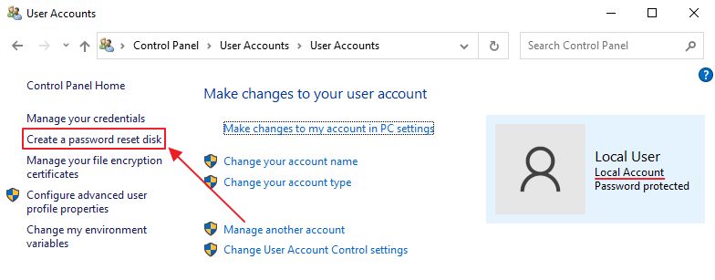 control panel user accounts create a password reset disk