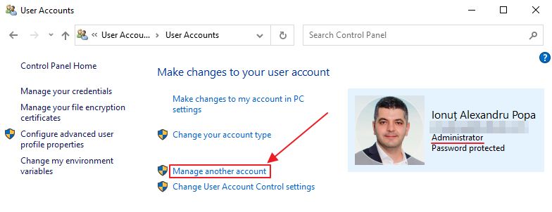 control panel user accounts manage another account