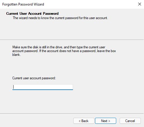 create password reset disk enter current password