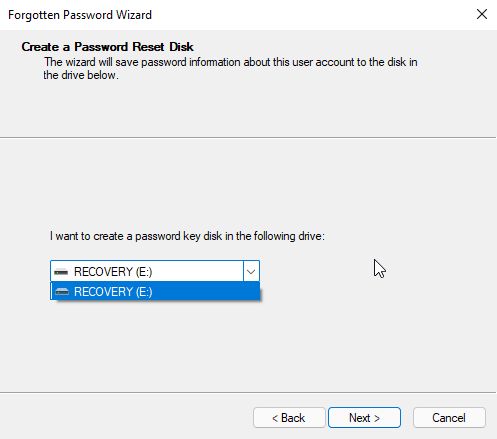 create password reset disk select drive