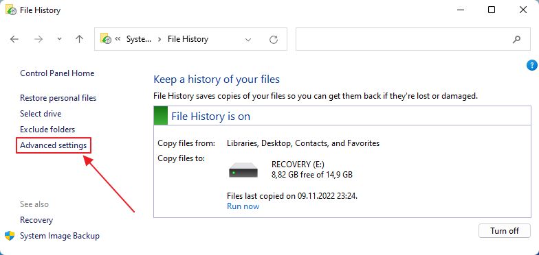 file history advanced settings menu