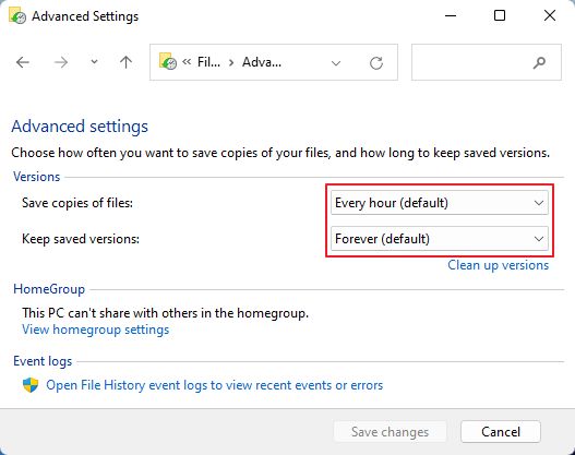 file history advanced settings