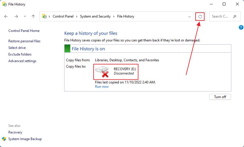 file history drive disconnected