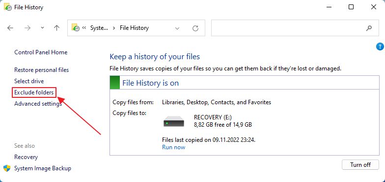 file history exclude folders menu