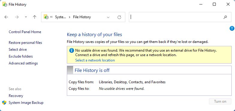 file history no usable drive was found