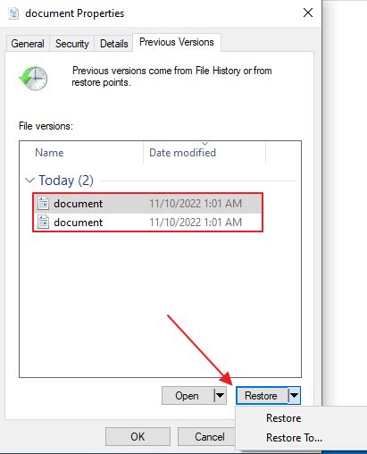 file history restore document previous versions