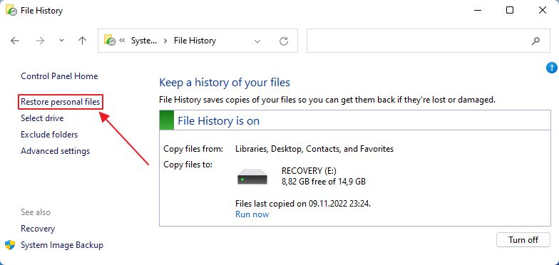 file history restore files menu