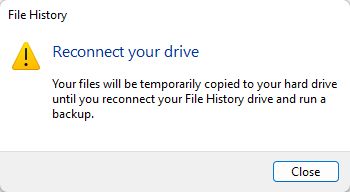 file history save files to local hard drive message