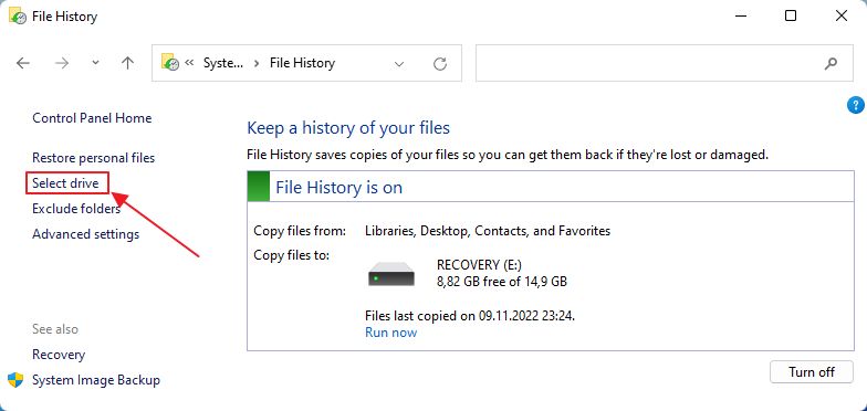 file history select drive menu