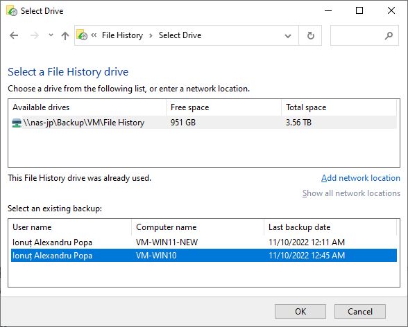 file history select drive with existing backup