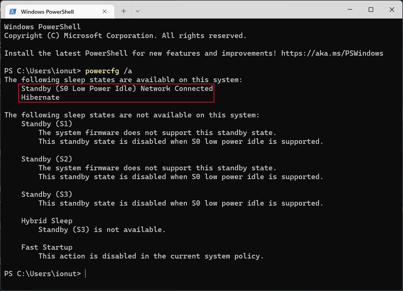 powercfg power states s0 connected standby available