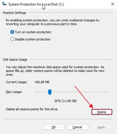system protection delete all restore points