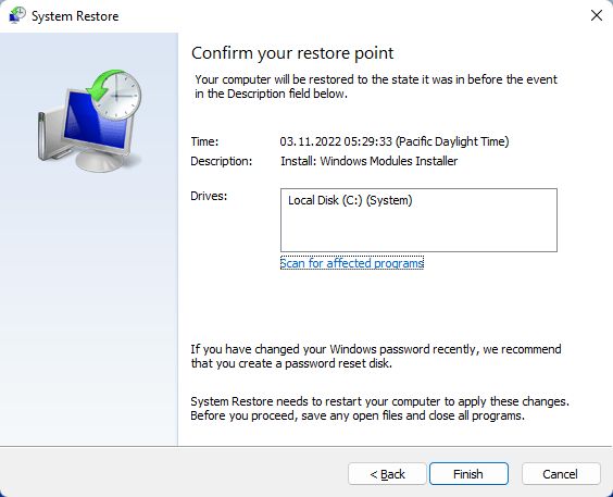 system restore confirm your restore point