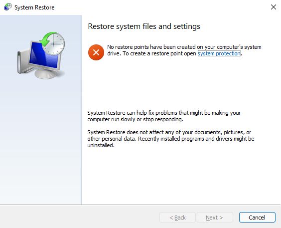 system restore no restore points have been created