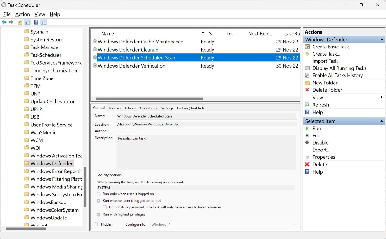 task scheduler windows defender schelduled scan