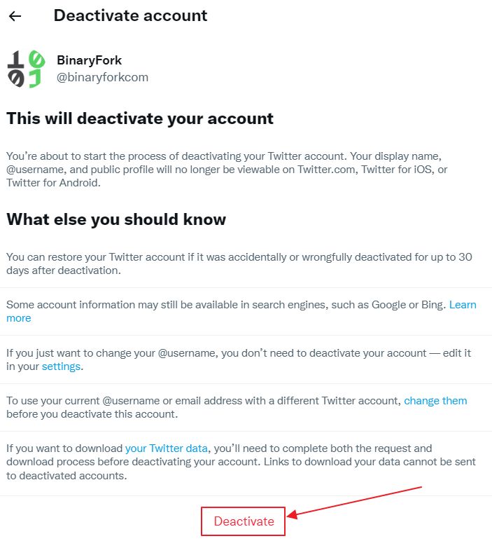 twitter deactivate your account button